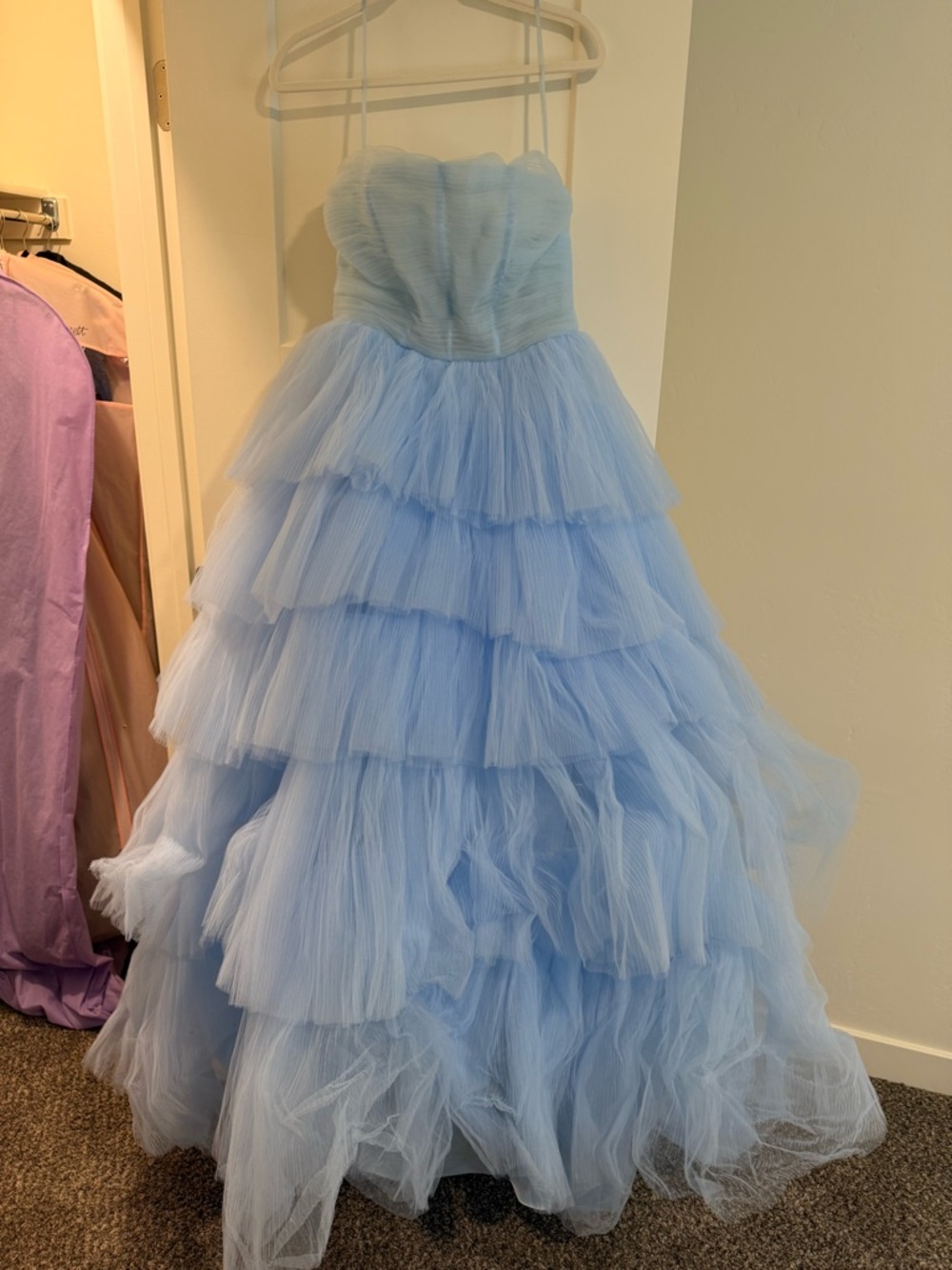 Strapless Tiered Tulle Gown in Light Blue